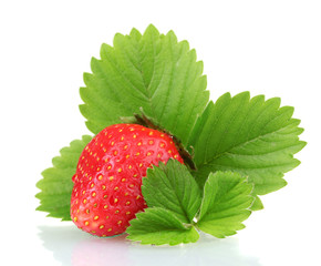 sweet ripe strawberry with leaves isolated on white
