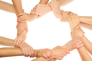 group of young people's hands isolated on white