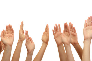 group of young people's hands isolated on white