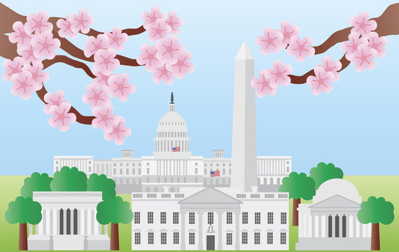 Washington DC Landmarks With Cherry Blossom