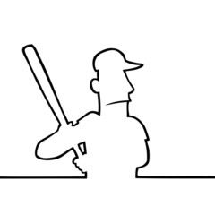 Black line art illustration of a baseball player with bat.