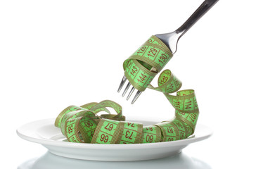 Fork and measuring tape on plate isolated on white