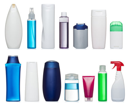 Set of plastic bottles of body care and beauty products