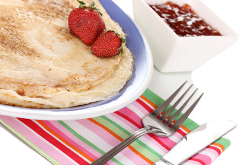 Stack of tasty pancakes isolated on white