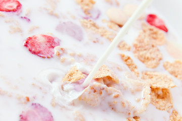 Dietary flakes with strawberry and milk