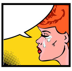 Vectorillustratie van een huilende vrouw in een pop-art/komische stijl.