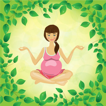 pregnant woman yoga on a leafs background