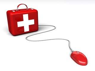 red medical box with a white cross connected to a computer mouse