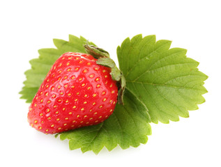 sweet ripe strawberry with leaves isolated on white