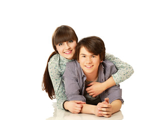 A young loving couple lying on the floor