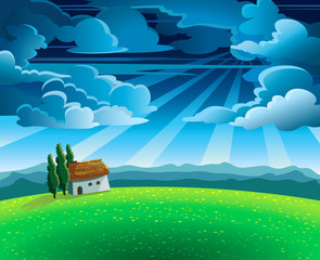 Obraz premium Landscape with flourishing meadow, house and cloudy sky