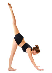 Fototapeta na wymiar Gymnast girl in flexible back pose, isolated on white background