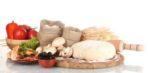 delicious pizza, dough and vegetables isolated on white