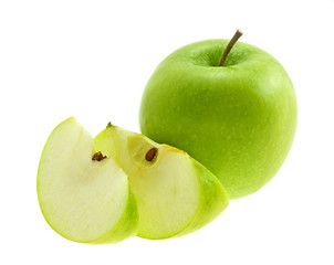 Green apple with slices isolated on a white background.