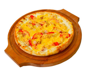 Appetizing pizza with cheese wooden tray, close-up on white back