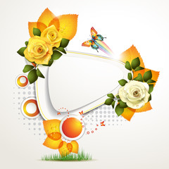 White banner design with leaf, roses and butterflies