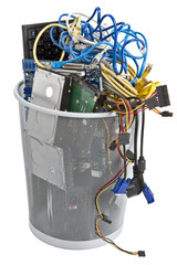 electronic scrap in trash can