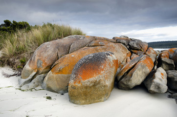 Granite boulders under storm clouds at Tasmanian beach