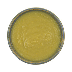 Homemade split pea soup in old bowl