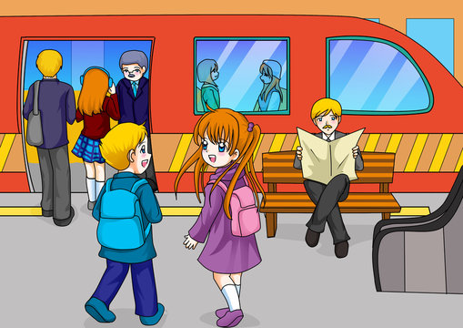 Cartoon illustration of subway station
