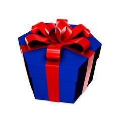 Синяя подарочная упаковка с красным бантом на белом фоне.