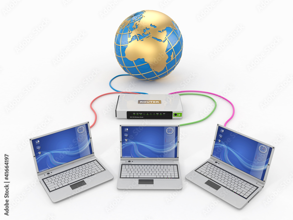 Poster home network. router and three laptops