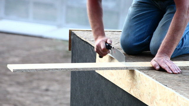 Carpenter sawing plank