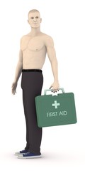 3d render of artificial character with first aid kit box