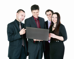 Businessmen talking near computer