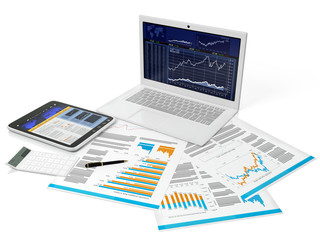 3d illustration of a business computer with a blank on a white b