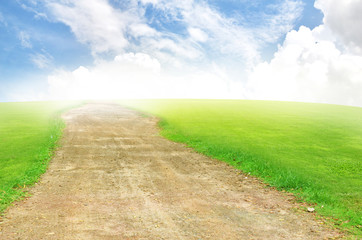 Picture road of green field and blue sky