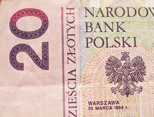 Extreme closeup of 20 zloty note. Polish currency