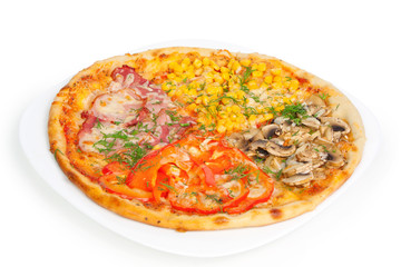 Four-colors pizza  isolated on white background