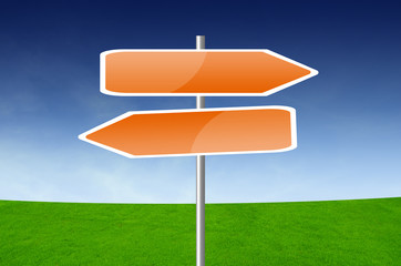 two road signs against blue skies on the background