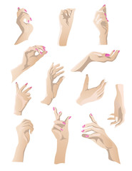 Set of 12 beautiful woman hands gestures.