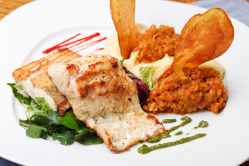 roasted pikeperch fillet with mashed potatoes