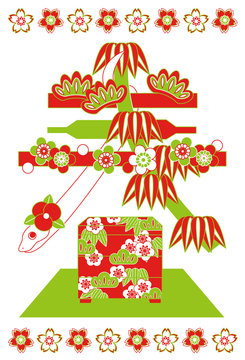 2013年巳年年賀状用イラスト素材（春赤緑２色）