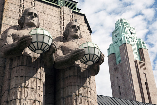 Twins and clock tower in the Helsinki Railway station. Finland.