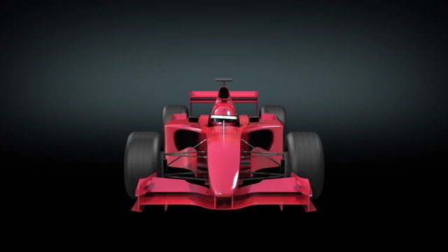 Formula One red bolide rotating on black background.