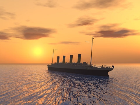 Ocean Liner with Sunset