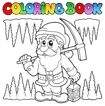 Coloring book cartoon dwarf miner