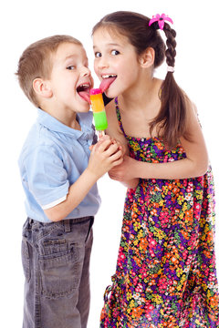 Girl and boy eating ice cream together
