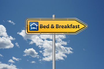 Bed and Breakfast Übernachtung Ferienwohnung auf Wegweiser mit Bett  und Frühstück Icon