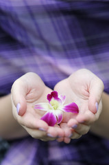 Woman holding beautiful lilac flower in her hands