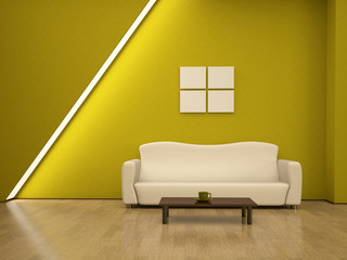 A yellow sofa near an yellow wall