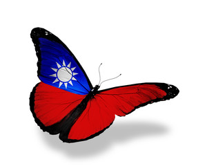 Taiwanese flag butterfly flying, isolated on white background
