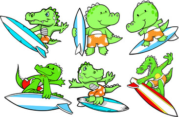 Fototapeta premium Surfing Alligator Vector Set