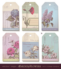 floral tags - set of 6 colorful collage designs