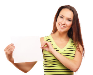 Beautiful woman holding empty white board