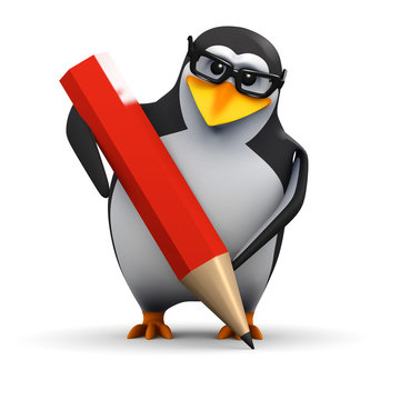 3d Penguin in glasses with big red pencil